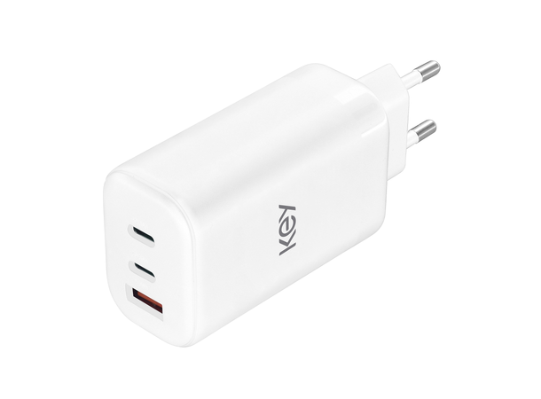 Key Power Wall 65W GaN Trio GRS Hvit 3 USB-ports: 2 × USB-C + 1 × USB-A 