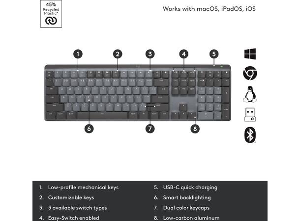 Logitech MX Mechanical Wireless Tactile Bluetooth, USB, trådløs, tactile knapper 