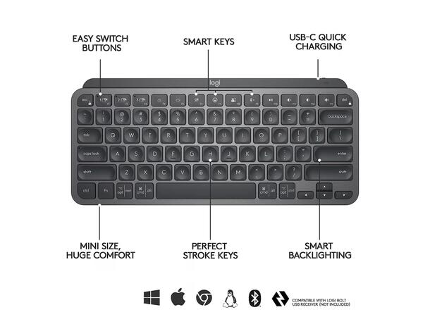 Logitech MX Keys Mini for Business Grå Logi Bolt USB-mottaker, bluetooth, 10m r 