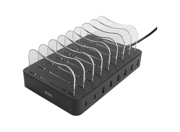 Deltaco Ladestasjon 8-Ports 75W 6xUSB-A, 2xUSB-C PD (20W) 