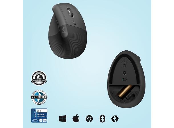 Logitech Lift Vertikal mus Grå Ergonomisk, Bluetooth/Logi Bolt USB 